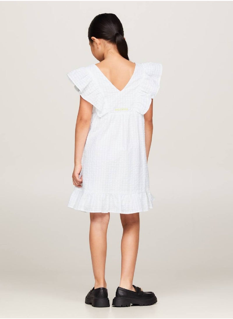 TOMMY HILFIGER Girls' Seersucker Frill Fit And Flare Dress -  Pure cotton seersucker, White  - Image 3