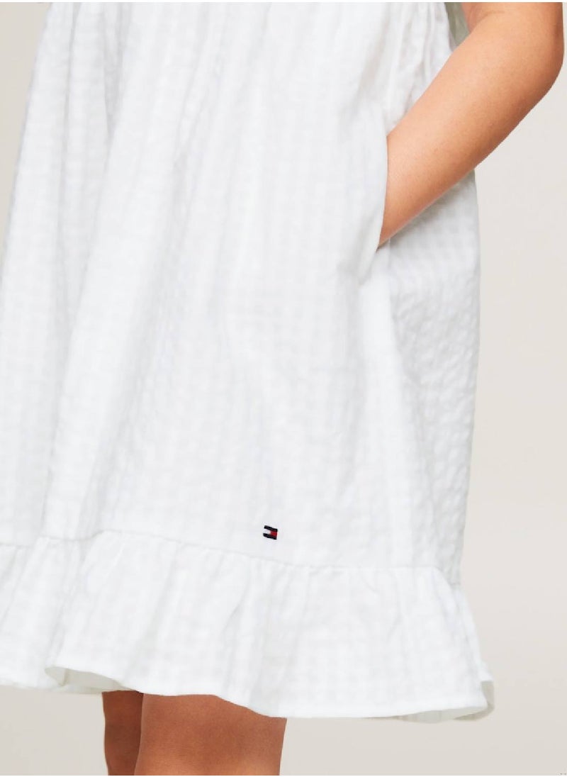 TOMMY HILFIGER Girls' Seersucker Frill Fit And Flare Dress -  Pure cotton seersucker, White  - Image 4