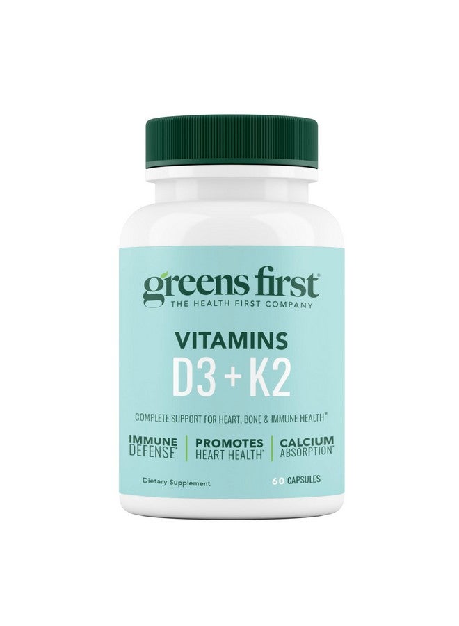 Greens First Vitamins D3+K2 - Support for Heart, Bone, Vascular and Immune Health - Made with Vitamin D3 & Vitamin K2-60 Vegetable Capsules - Image 1