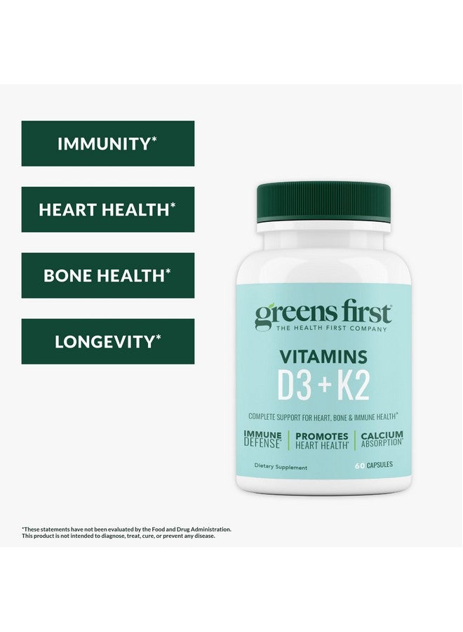 Greens First Vitamins D3+K2 - Support for Heart, Bone, Vascular and Immune Health - Made with Vitamin D3 & Vitamin K2-60 Vegetable Capsules - Image 2