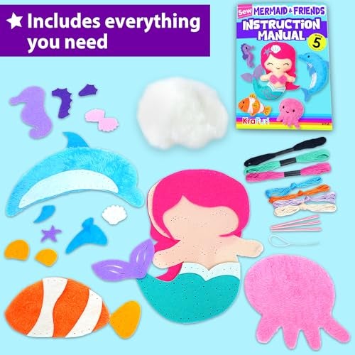 KRAFUN Mermaid Sea Animals Beginner Sewing Kit for Kids Art & Craft kit, Includes 5 Soft Plush Dolls, Instructions & Felt Materials for Learn to Sew, Embroidery Skills, Gift for Girls Educational - Image 2