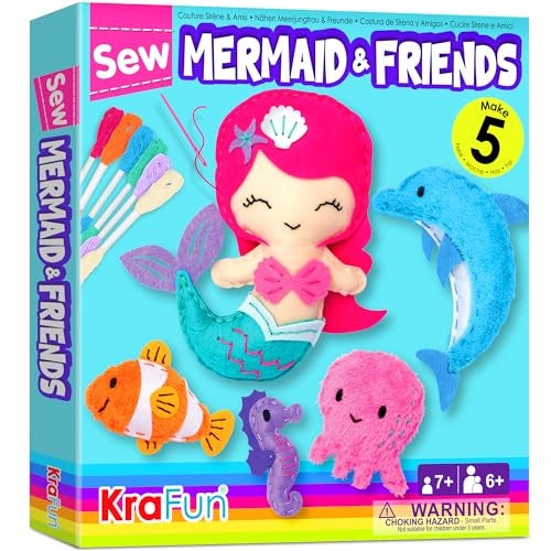 KRAFUN Mermaid Sea Animals Beginner Sewing Kit for Kids Art & Craft kit, Includes 5 Soft Plush Dolls, Instructions & Felt Materials for Learn to Sew, Embroidery Skills, Gift for Girls Educational - Image 1