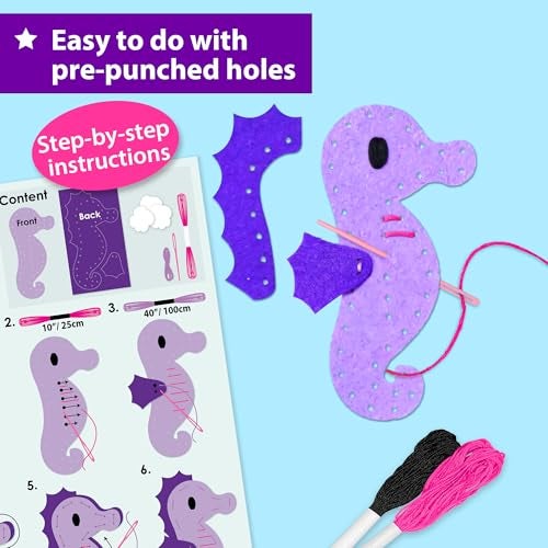 KRAFUN Mermaid Sea Animals Beginner Sewing Kit for Kids Art & Craft kit, Includes 5 Soft Plush Dolls, Instructions & Felt Materials for Learn to Sew, Embroidery Skills, Gift for Girls Educational - Image 4