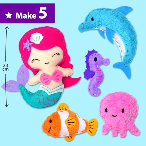 KRAFUN Mermaid Sea Animals Beginner Sewing Kit for Kids Art & Craft kit, Includes 5 Soft Plush Dolls, Instructions & Felt Materials for Learn to Sew, Embroidery Skills, Gift for Girls Educational - Image 3