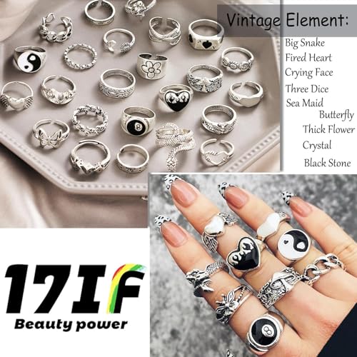 17IF 35 Pcs Vintage Silver Knuckle Rings Set for Women Men, Grunge Gothic Rings Chunky Aesthetic Snake Stackable Ring Adjustable Y2K Punk Bulky Boho Finger Alt Fairy Skull Frog Heart Star Flower Midi Ring Pack - Image 2