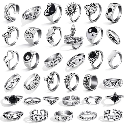 17IF 35 Pcs Vintage Silver Knuckle Rings Set for Women Men, Grunge Gothic Rings Chunky Aesthetic Snake Stackable Ring Adjustable Y2K Punk Bulky Boho Finger Alt Fairy Skull Frog Heart Star Flower Midi Ring Pack - Image 1