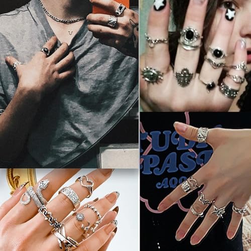 17IF 35 Pcs Vintage Silver Knuckle Rings Set for Women Men, Grunge Gothic Rings Chunky Aesthetic Snake Stackable Ring Adjustable Y2K Punk Bulky Boho Finger Alt Fairy Skull Frog Heart Star Flower Midi Ring Pack - Image 5