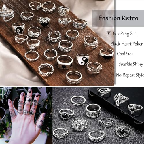 17IF 35 Pcs Vintage Silver Knuckle Rings Set for Women Men, Grunge Gothic Rings Chunky Aesthetic Snake Stackable Ring Adjustable Y2K Punk Bulky Boho Finger Alt Fairy Skull Frog Heart Star Flower Midi Ring Pack - Image 3