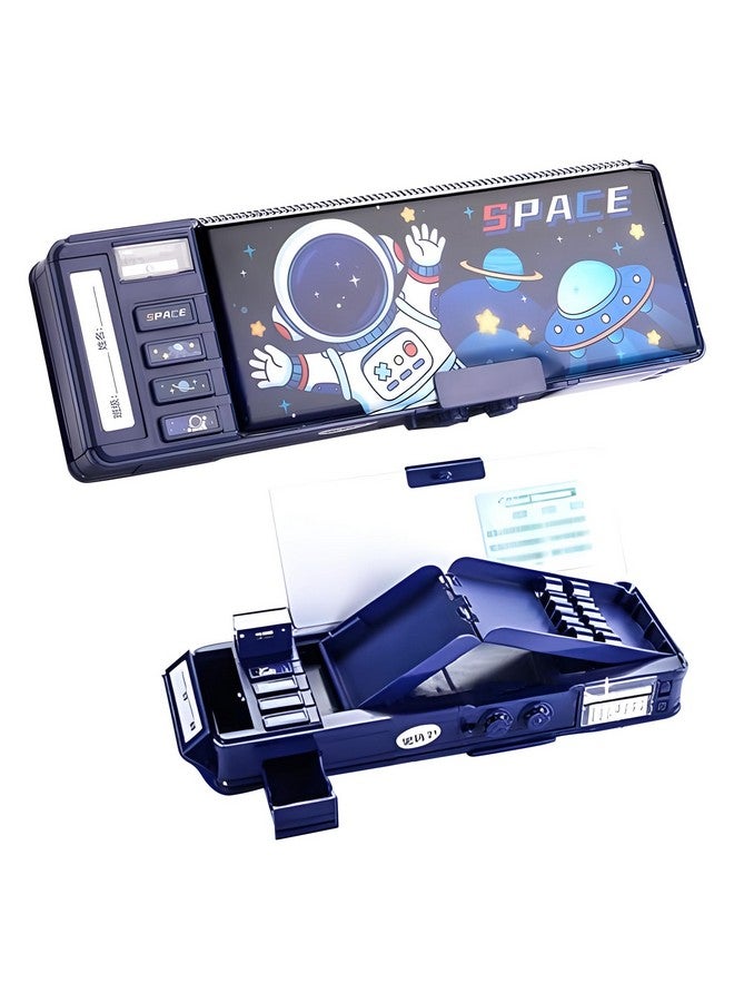 ويش كي صندوق أقلام رصاص بتصميم فضائي من ويشكي للأطفال، صندوق أقلام رصاص مزدوج الجوانب مع قفل مغناطيسي، حافظة متعددة الوظائف مع حامل أقلام رصاص، مبراة مدمجة، حجرات تخزين للممحاة (عبوة من قطعة واحدة، أزرق) - Image 1