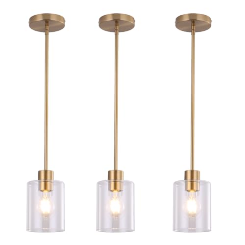 KLSS Brass Pendant Lights Kitchen Island - Gold Clear Glass Pendant Light Fixture Multiple Stems Rods 3 Units 12 Inch 3 Units 4 Inch (3 Pack Brass) - Image 1