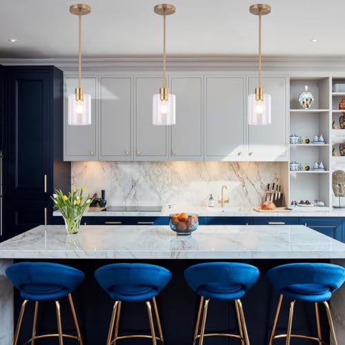 KLSS Brass Pendant Lights Kitchen Island - Gold Clear Glass Pendant Light Fixture Multiple Stems Rods 3 Units 12 Inch 3 Units 4 Inch (3 Pack Brass) - Image 2