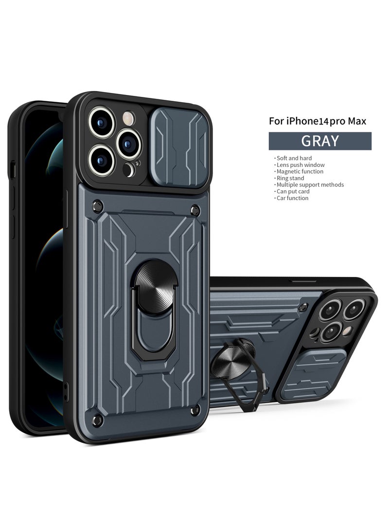 Case Cover For Apple iPhone 14 Pro Max Mobile Phone  with Card Holder, Slide Camera Lens Cover, 360°Rotating Kickstand Ring, Bumper Shockproof Phone Case 