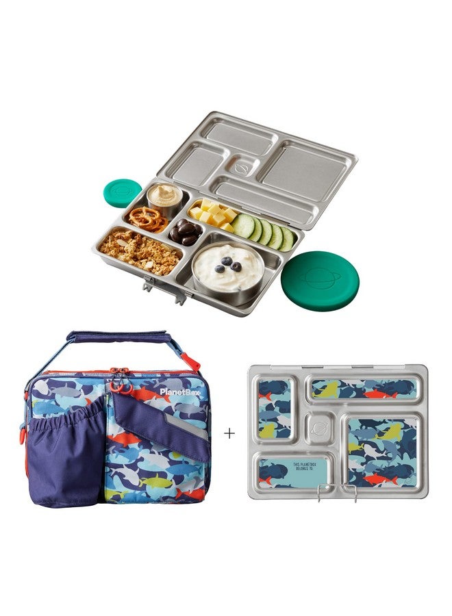 PlanetBox Rover Stainless Steel Bento Lunch Box with 5 Compartments, Sharks Carry Bag and Magnets - Image 1