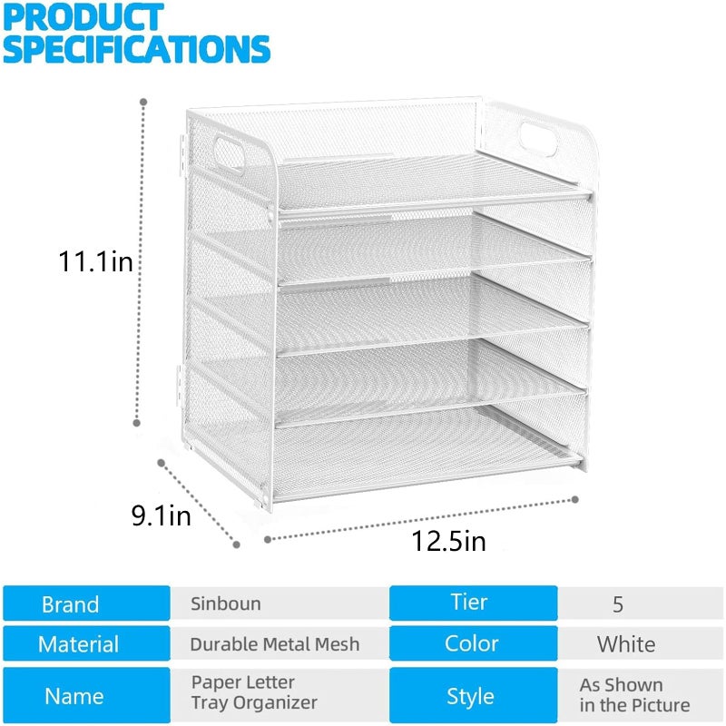Sinboun Letter Tray Paper Organizer 5-Tier Desk Organizer File Organizer Paper Holder with Handle, Metal Desktop Document Shelf Tray Office Classroom Organization - White - Image 2