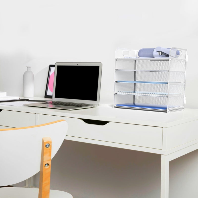 Sinboun Letter Tray Paper Organizer 5-Tier Desk Organizer File Organizer Paper Holder with Handle, Metal Desktop Document Shelf Tray Office Classroom Organization - White - Image 5
