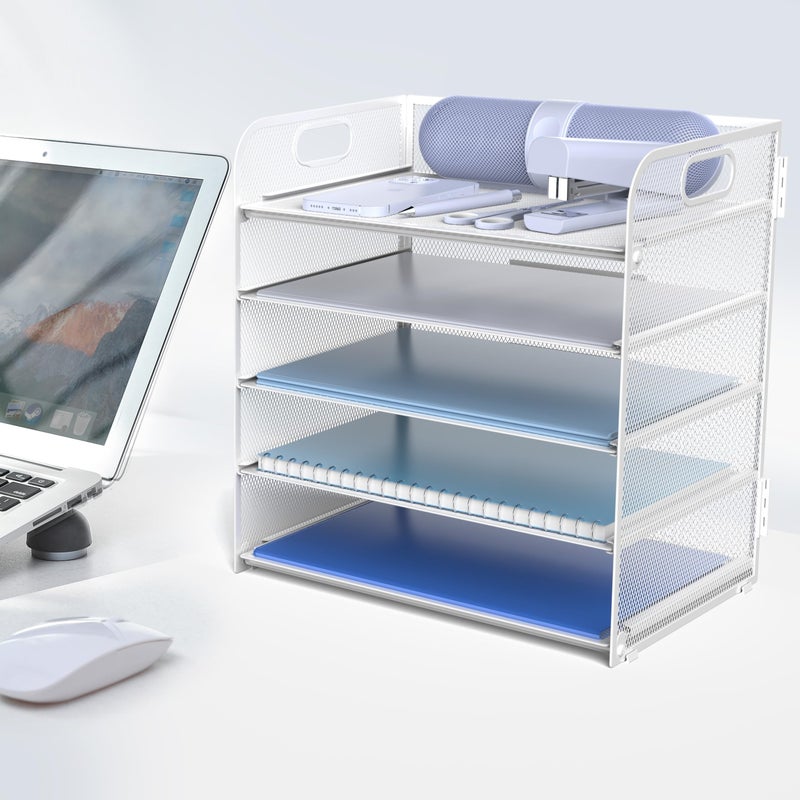 Sinboun Letter Tray Paper Organizer 5-Tier Desk Organizer File Organizer Paper Holder with Handle, Metal Desktop Document Shelf Tray Office Classroom Organization - White - Image 4