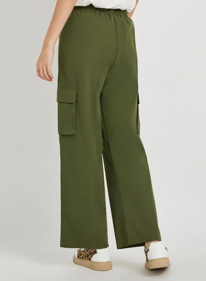 Take Two Women Green Solid Wide Leg Cargo Pants with Drawstring Waist