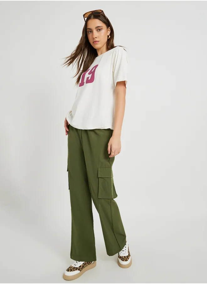 Styli Women Green Solid Wide Leg Cargo Pants with Drawstring Waist