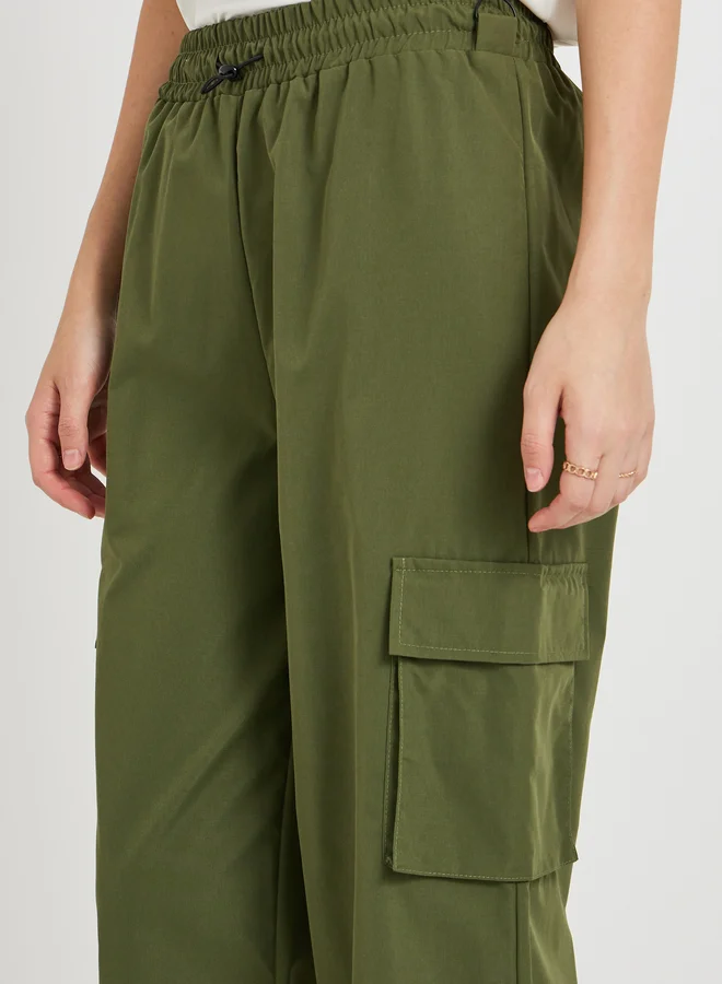 Take Two Women Green Solid Wide Leg Cargo Pants with Drawstring Waist