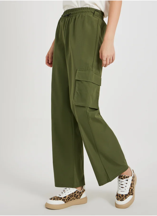 Styli Women Green Solid Wide Leg Cargo Pants with Drawstring Waist