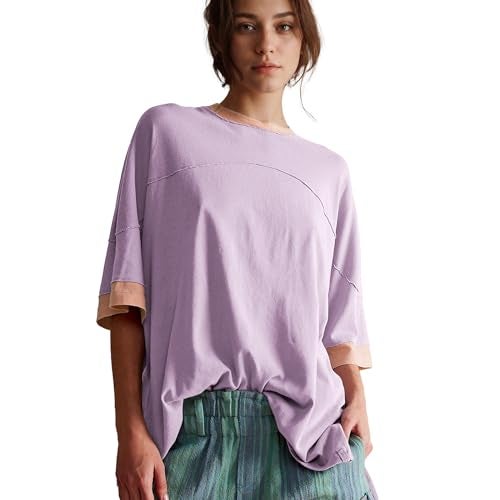 Songling Womens 3/4 Length Sleeve Casual Loose Fit Summer Tee Shirt Basics Cotton t Shirts Trendy Tops Purple - Image 1
