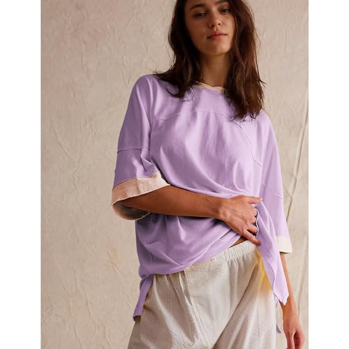 Songling Womens 3/4 Length Sleeve Casual Loose Fit Summer Tee Shirt Basics Cotton t Shirts Trendy Tops Purple - Image 5