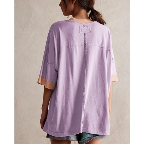 Songling Womens 3/4 Length Sleeve Casual Loose Fit Summer Tee Shirt Basics Cotton t Shirts Trendy Tops Purple - Image 2