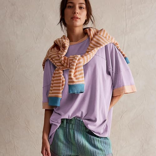 Songling Womens 3/4 Length Sleeve Casual Loose Fit Summer Tee Shirt Basics Cotton t Shirts Trendy Tops Purple - Image 4