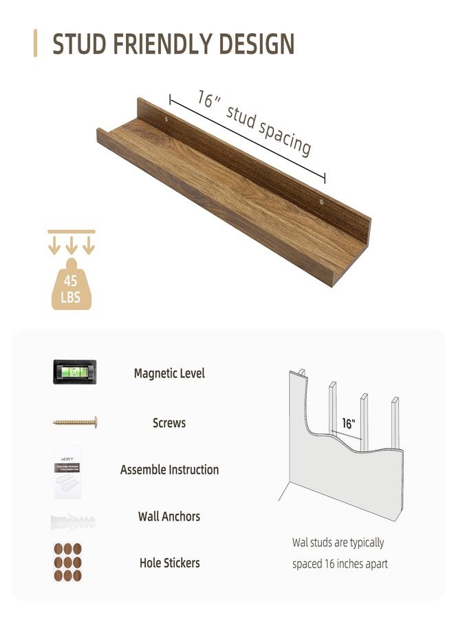 Acovy Picture Ledge Shelf, MDF Wood Floating Shelves Set of 2, Picture Ledge Photo Ledge Wall Mounted for Living Room Kids' Room Bedroom, Color Black (Walnut, 24") - Image 5