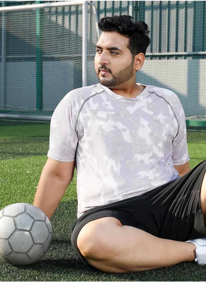 انستافاب بلس Instafab Plus Men's Cream White & Slate Blue Abstract Topography Activewear T-Shirt For Casual Wear | V-Neck | Short Sleeves | Plus Size Jersey T-Shirt Crafted With Comfort Fit For Everyday Wear