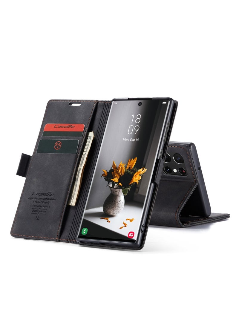 كيس مي جراب جلدي لموبايل سامسونج اس 22 الترا من كيس مى جراب حماية قابل للطي مع مسند مغناطيسي وفتحات للبطاقات - اسود - Image 5