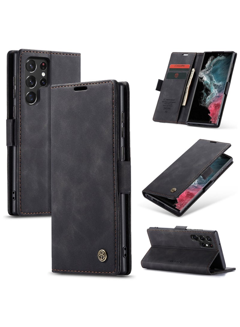 كيس مي جراب جلدي لموبايل سامسونج اس 22 الترا من كيس مى جراب حماية قابل للطي مع مسند مغناطيسي وفتحات للبطاقات - اسود - Image 1