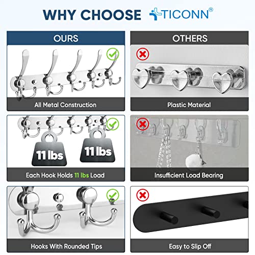 TICONN Wall Mounted Coat Rack, Five Heavy Duty Tri Hooks All Metal Construction for Jacket Coat Hat in Mudroom Entryway (Chrome, 2-Pack) - Image 3