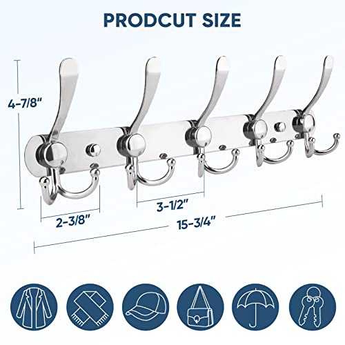 TICONN Wall Mounted Coat Rack, Five Heavy Duty Tri Hooks All Metal Construction for Jacket Coat Hat in Mudroom Entryway (Chrome, 2-Pack) - Image 2