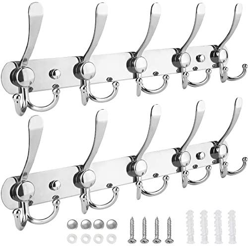 TICONN Wall Mounted Coat Rack, Five Heavy Duty Tri Hooks All Metal Construction for Jacket Coat Hat in Mudroom Entryway (Chrome, 2-Pack) - Image 1