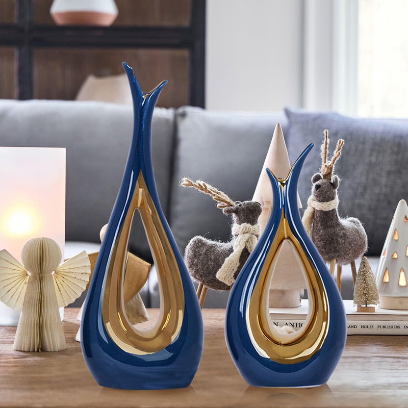 Dlfghos 2 PCS Blue Gold Vase Home Decor Accent Ceramic Vase set of 2 Vases for Centerpieces Pampas Flower Vases for Coffee Table Living Room Shelf Bookshelf Dining Kitchen Mantel and Entryway Decorations - Image 1