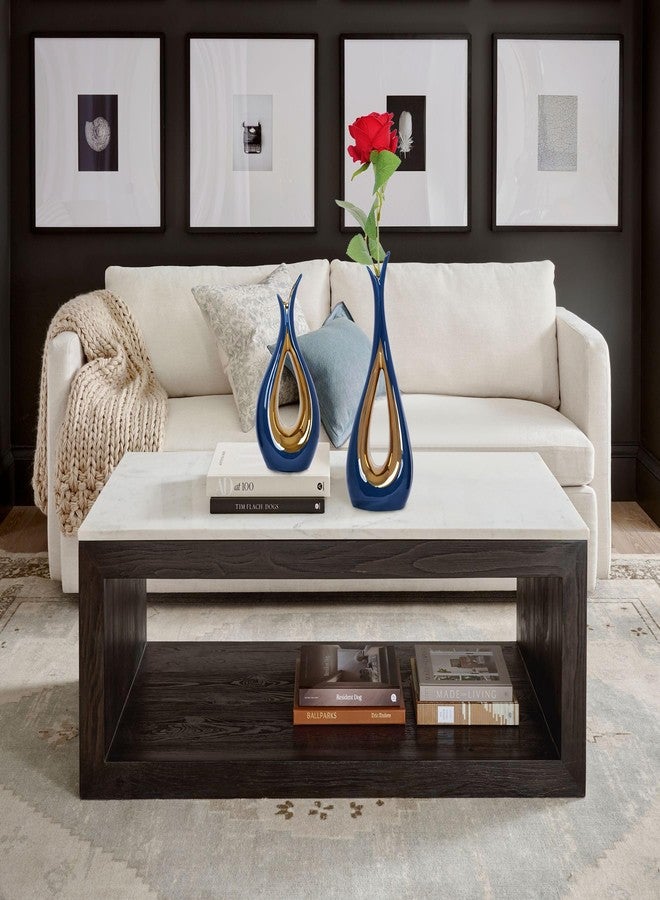 Dlfghos 2 PCS Blue Gold Vase Home Decor Accent Ceramic Vase set of 2 Vases for Centerpieces Pampas Flower Vases for Coffee Table Living Room Shelf Bookshelf Dining Kitchen Mantel and Entryway Decorations - Image 3