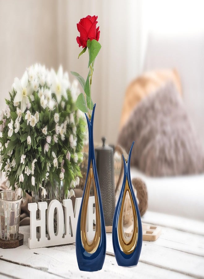 Dlfghos 2 PCS Blue Gold Vase Home Decor Accent Ceramic Vase set of 2 Vases for Centerpieces Pampas Flower Vases for Coffee Table Living Room Shelf Bookshelf Dining Kitchen Mantel and Entryway Decorations - Image 2