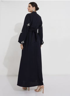 Rosette Abaya Navy Abaya With Embroidery Design & Elastic sleeves  - Image 3