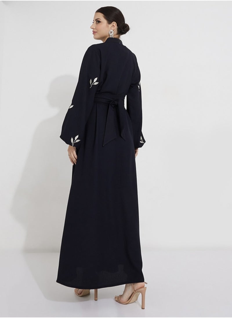 Navy Abaya With Embroidery Design & Elastic sleeves
