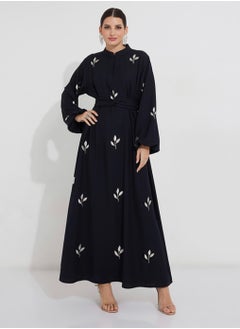 Rosette Abaya Navy Abaya With Embroidery Design & Elastic sleeves  - Image 1