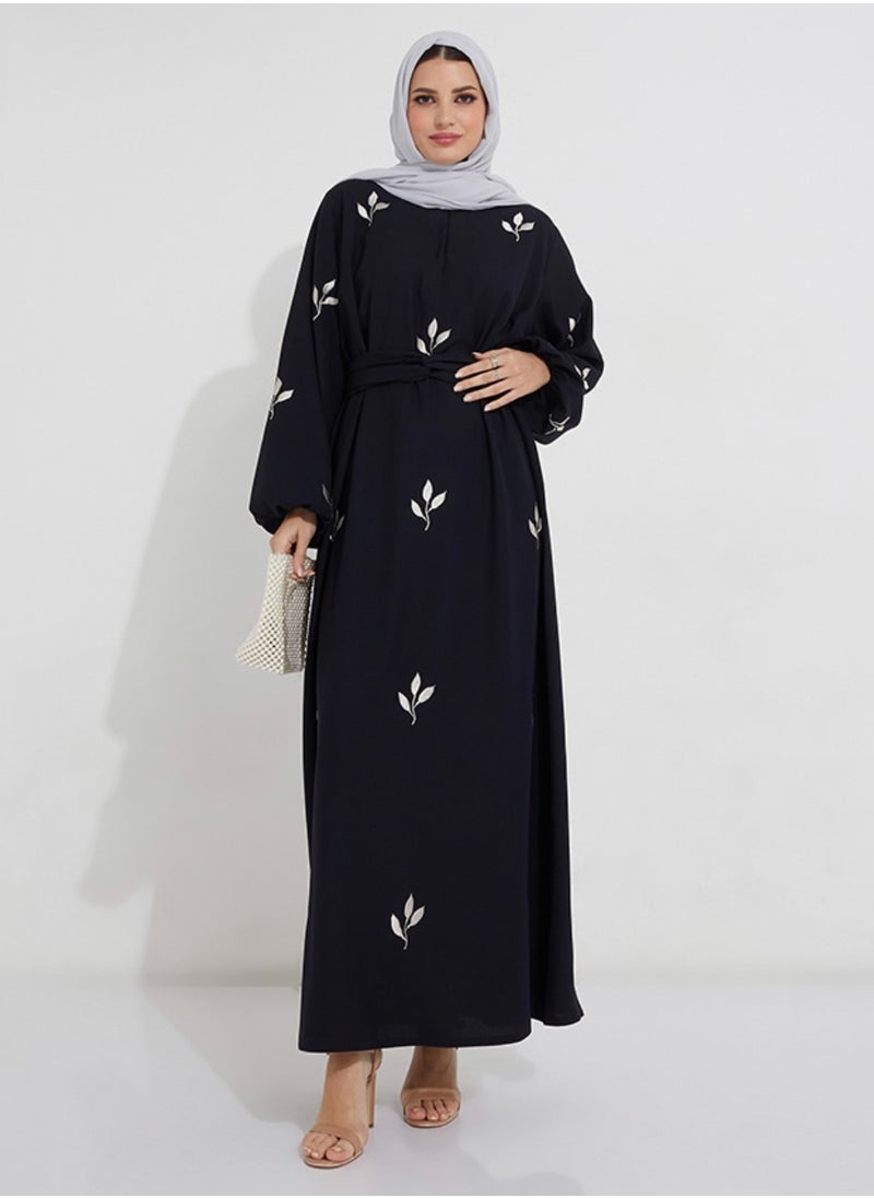 Navy Abaya With Embroidery Design & Elastic sleeves