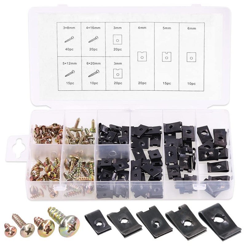 Rustark 170 Pcs U-Clip and Screw Assortment Kit 9 Sizes Auto Car Clips Fasteners with Screws Set in Store Case for Bumper Dash Door Panel Interior - Image 1