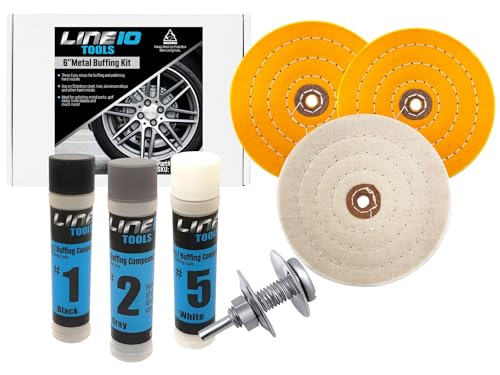 LINE10 Tools 6-Inch Buffing Polishing Wheel Kit for Bench Grinder and Drill, 3-Step Metal Buff Compound, Aluminum, Chrome, Stainless Steel Buffer Drill Adapter Auto Rim Trim Golf Club Restoration - Image 1