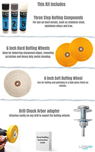 LINE10 Tools 6-Inch Buffing Polishing Wheel Kit for Bench Grinder and Drill, 3-Step Metal Buff Compound, Aluminum, Chrome, Stainless Steel Buffer Drill Adapter Auto Rim Trim Golf Club Restoration - Image 3