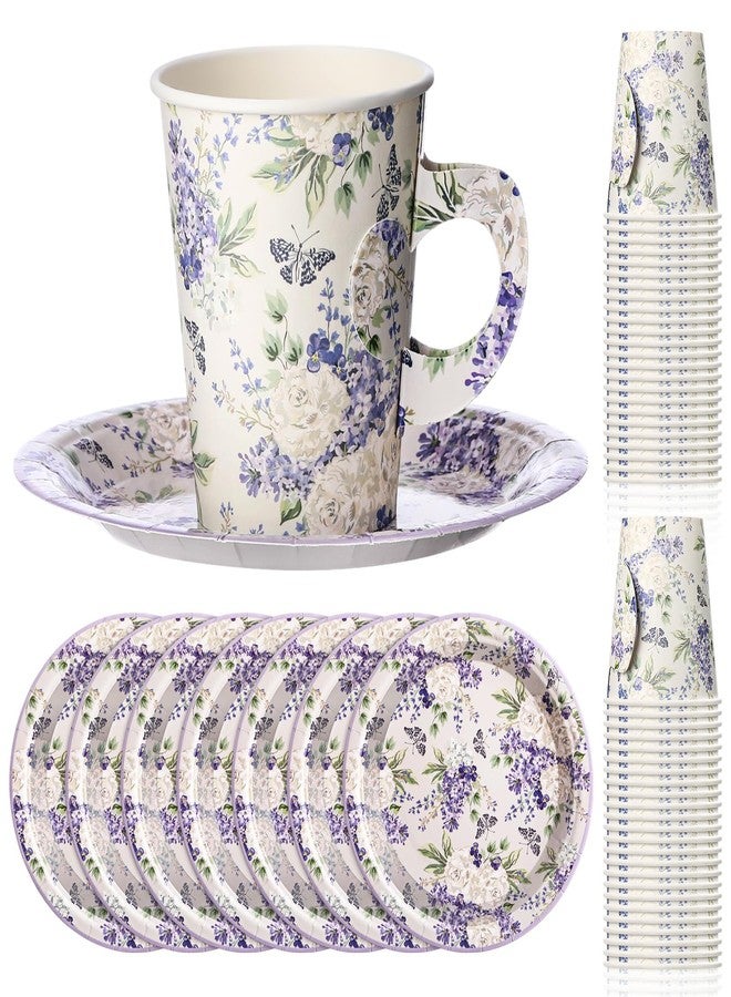 Rtteri 20 Set of 9oz Floral Tea Cups and Plates, Purple Violet Peony Teacups with Handles and Saucers for Hot & Cold Drinks, Good for Princess Birthday, Weddings, and Tea Party Decorations - Image 1