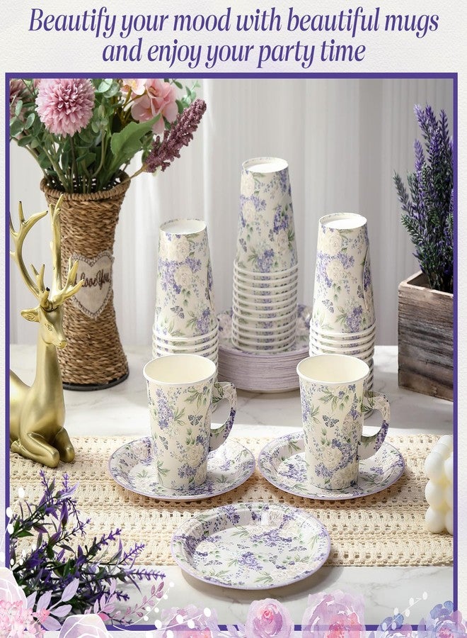 Rtteri 20 Set of 9oz Floral Tea Cups and Plates, Purple Violet Peony Teacups with Handles and Saucers for Hot & Cold Drinks, Good for Princess Birthday, Weddings, and Tea Party Decorations - Image 3