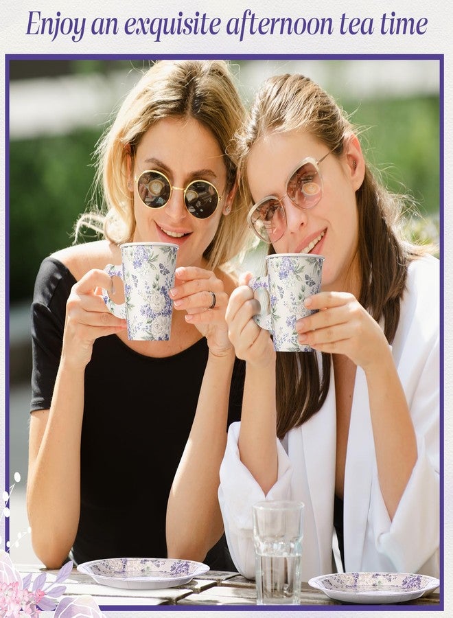 Rtteri 20 Set of 9oz Floral Tea Cups and Plates, Purple Violet Peony Teacups with Handles and Saucers for Hot & Cold Drinks, Good for Princess Birthday, Weddings, and Tea Party Decorations - Image 4