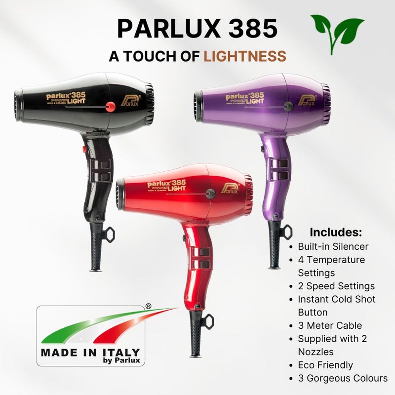 PARLUX Parlux Powerlight 385 Hair Dryer in Black. 2150 W Powerful & Lightweight Hair Accessories for Quick, Easy Drying & Styling. with Built in Silencer with Incorporated Ceramic & Ionic Technology - Image 2