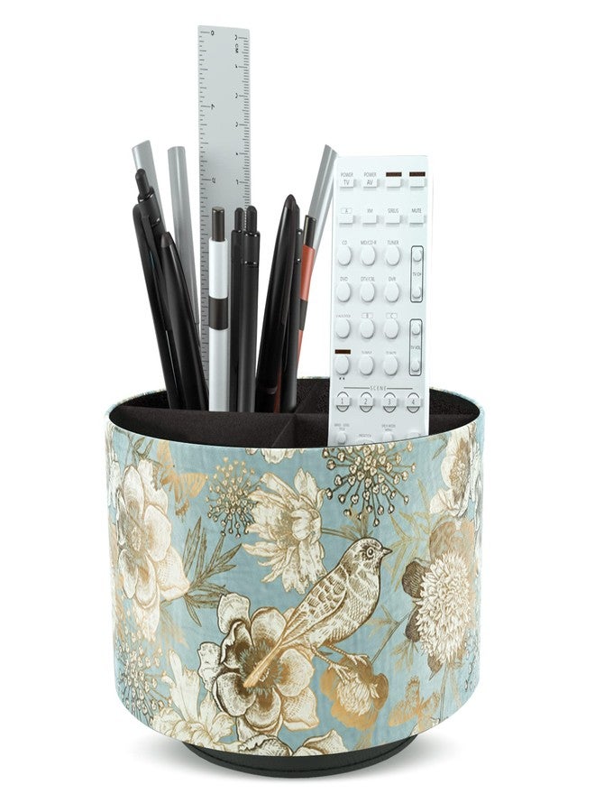 Hennaja Round Leather Art Supply Organizer,Remote Control Holder,360 Degree Rotating,Multi-Functional Pencil Holder,4 Compartments Desktop Stationary Organizer(1-Blue Bird) - Image 1